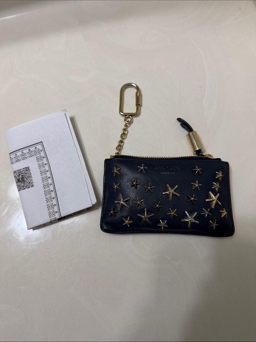 Jimmy Choo Black Leather Star-Studded Key & Card Holder with Gold Hardware COA
